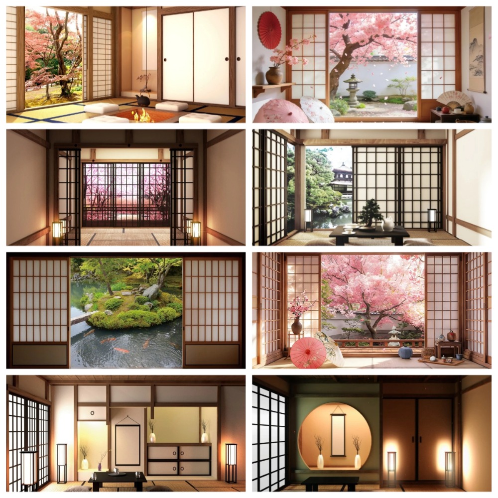 Photography Zen - หน้าต่างภายในสไตล์ญี่ปุ่น ฉากหลังธีมเซนดอกซากุระ แบนเนอร์ตกแต่งงานวันเกิด ฉากหลังสตูดิโอถ่ายภาพ