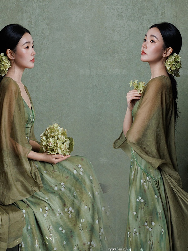 Photography Zen - ชุดเดรสสไตล์จีนแนวเซน โทนสีเขียว สายเดี่ยว สำหรับถ่ายภาพ แฟชั่นประจำชาติ ฤดูใบไม้ผลิ