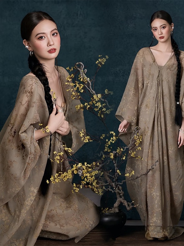 Photography Zen - ชุดเดรสลายภาพวาดสีน้ำมันสไตล์วินเทจใหม่ สไตล์เซนจีน แนวศิลปะลมเย็น สำหรับถ่ายภาพในสตูดิโอ แฟชั่นผู้หญิง ฤดูร้อน